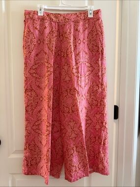 Haute Hippie Pink Floral Linen Pants with Brown Paisley Accents